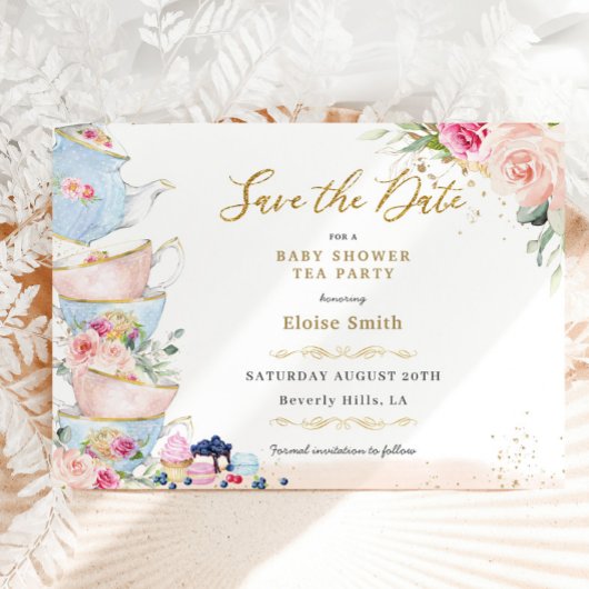 Elegante Roze Bloemenge High Tea Party Baby Shower Save The Date