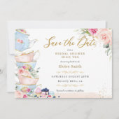 Elegante Roze Bloemenge High Tea Party Bruidsborre Save The Date (Voorkant)