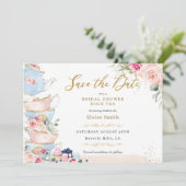 Elegante Roze Bloemenge High Tea Party Bruidsborre Save The Date (Staand voorkant)