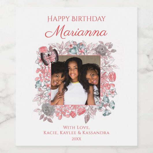 Elegante roze bloemengelukkige verjaardag familief wijn etiket (Enkel label)