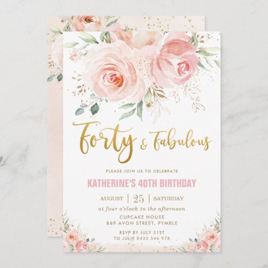 Elegante Roze Bloemengoud 40 en Fabulous Kaart (Voorkant / Achterkant)