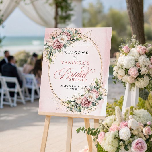 Elegante Roze Bloemengouden Bruiloftfeest Welkom Poster