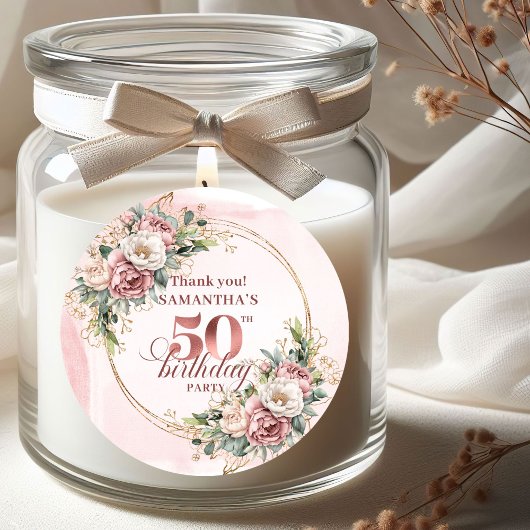 Elegante Roze Bloemengroen 50e Verjaardag Label