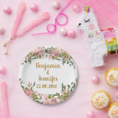 Elegante roze bloemengroen en gouden bruiloft papieren bordje (Feest)