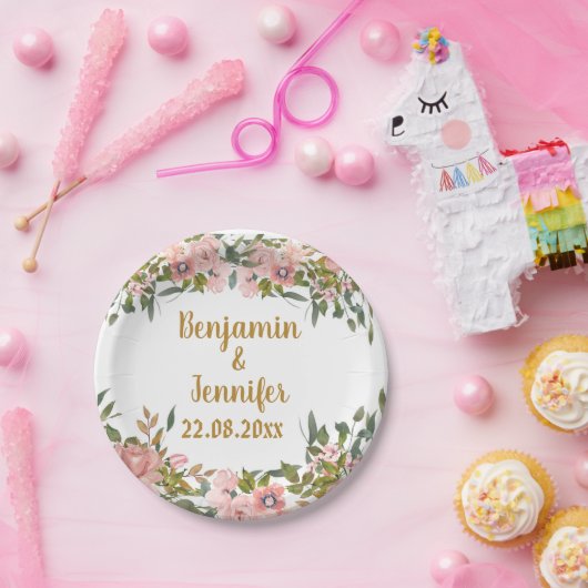 Elegante roze bloemengroen en gouden bruiloft papieren bordje (Feest)