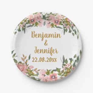 Elegante roze bloemengroen en gouden bruiloft papieren bordje
