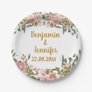 Elegante roze bloemengroen en gouden bruiloft papieren bordje