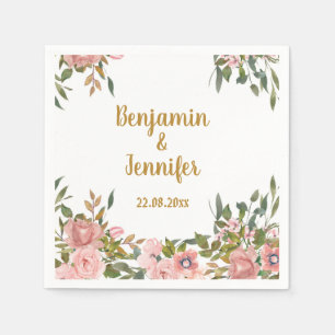 Elegante roze bloemengroen en gouden bruiloft servet