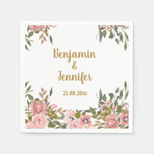 Elegante roze bloemengroen en gouden bruiloft servet (Voorkant)