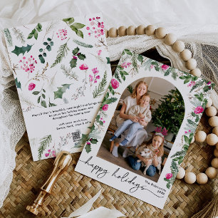 Elegante roze bloemengroen gebladerte boog 1 foto feestdagenkaart