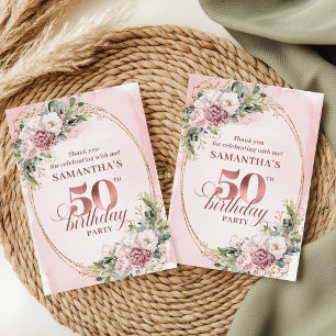Elegante Roze Bloemengroenten 50e Verjaardag Dank Bedankkaart