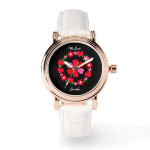 Elegante roze bloemenhartjes, Valentijn met tekst Horloge