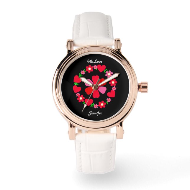 Elegante roze bloemenhartjes, Valentijn met tekst Horloge (Voorkant)