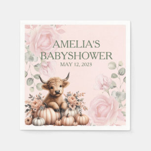 Elegante roze bloemenhoogland koe baby shower servet