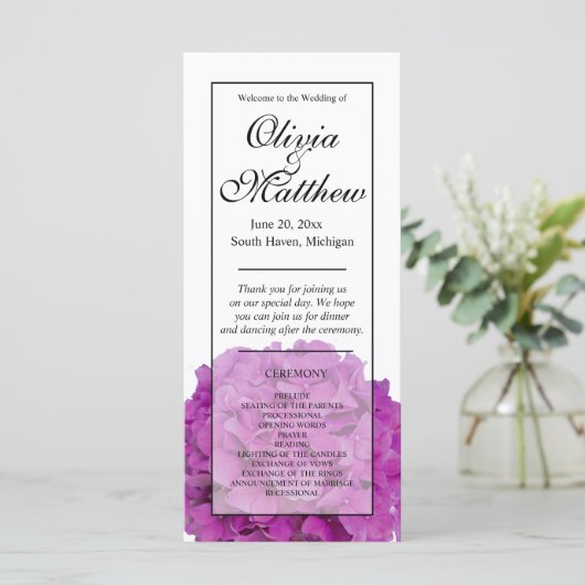 Elegante roze bloemenhortensia's Trouwprogramma (Staand voorkant)