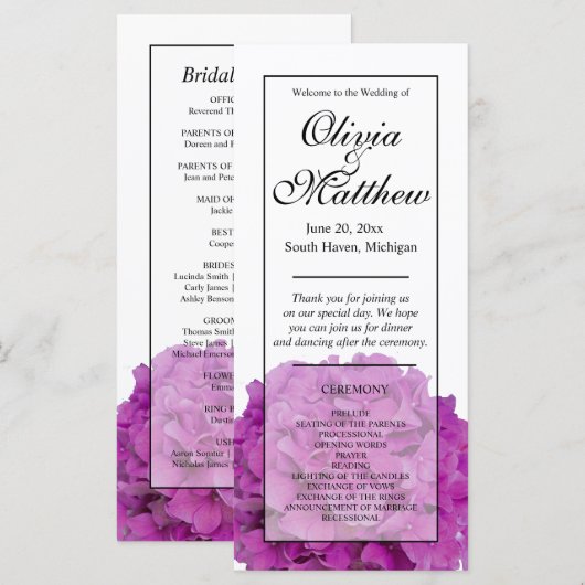 Elegante roze bloemenhortensia's Trouwprogramma (Voorkant / Achterkant)