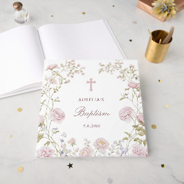 Elegante Roze Bloemenkader Doop Gastenboek