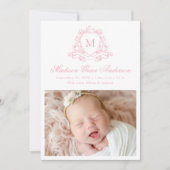 Elegante Roze Bloemenkam Initialen Monogram 4 Foto Aankondiging (Voorkant)
