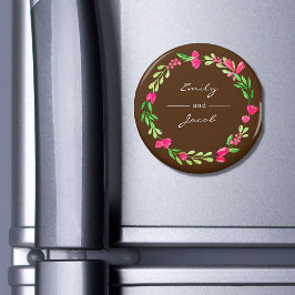 Elegante roze bloemenkrans bruine naam van het paa magneet