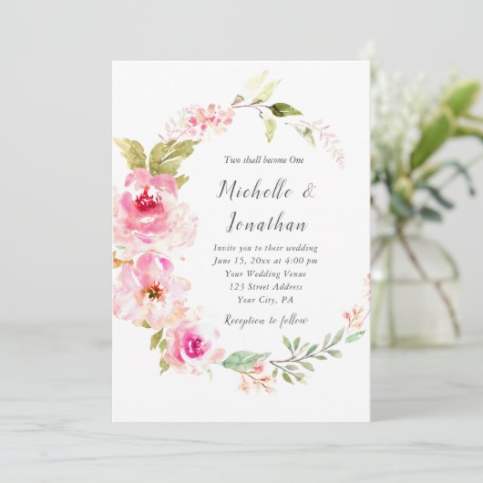 Elegante roze bloemenkrans Christelijke bruiloft Kaart (Staand voorkant)