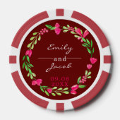 Elegante roze bloemenkrans donkerrode bruiloft poker chips (Voorkant)