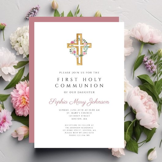 Elegante roze bloemenkrans kruis Eerste Heilige Co Kaart