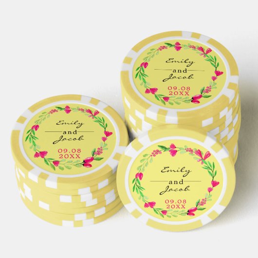 Elegante roze bloemenkrans lichtgele bruiloft poker chips (Opstapeling)