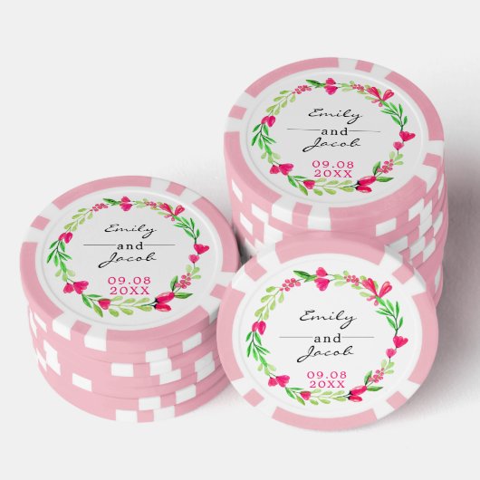 Elegante roze bloemenkrans witte bruiloft poker chips (Opstapeling)