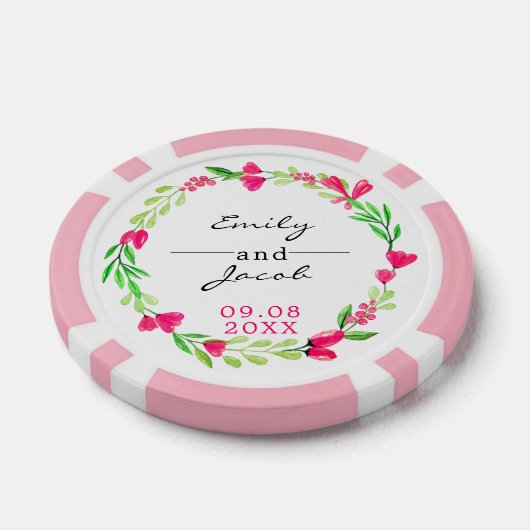Elegante roze bloemenkrans witte bruiloft poker chips (Enkel)