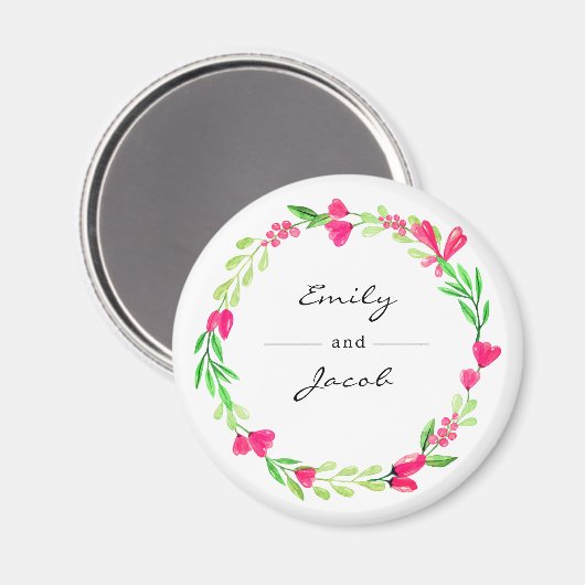 Elegante roze bloemenkrans Witte naam van het paar Magneet (Voorkant / Achterkant)