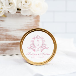 Elegante roze bloemenkroon monogram bruiloft ronde sticker