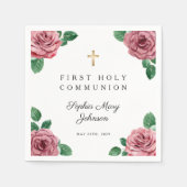 Elegante Roze Bloemenkruis Eerste Communie Servet (Voorkant)