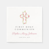 Elegante Roze Bloemenkruis Eerste Communie Servet (Voorkant)