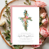 Elegante Roze Bloemenkruis Meisje Eerste Communie Kaart