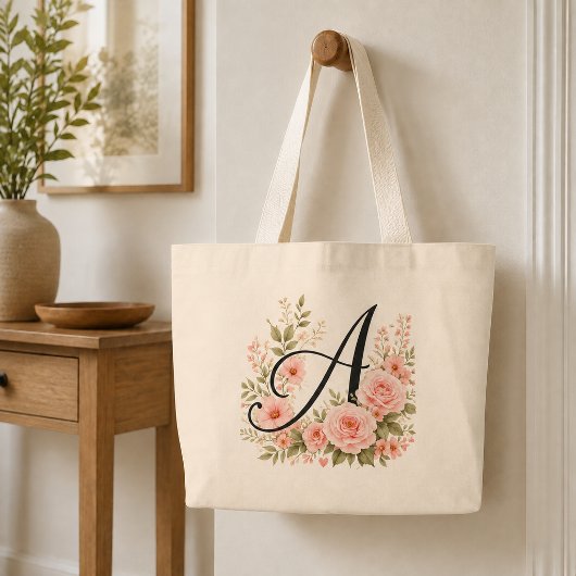 Elegante roze bloemenmonogram A jumbo tas