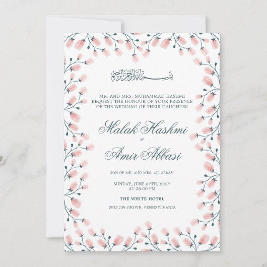 Elegante roze bloemenmoslim bruiloft kaart (Voorkant)