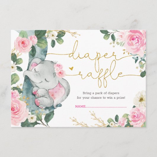 Elegante roze bloemenolifant douche luier Raffle Informatiekaartje (Voorkant)