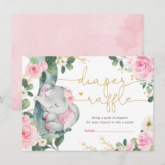 Elegante roze bloemenolifant douche luier Raffle Informatiekaartje (Voorkant / Achterkant)