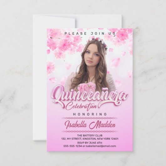 Elegante roze bloemenprinses quinceanera foto kaart (Voorkant)