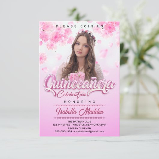 Elegante roze bloemenprinses quinceanera foto kaart (Staand voorkant)