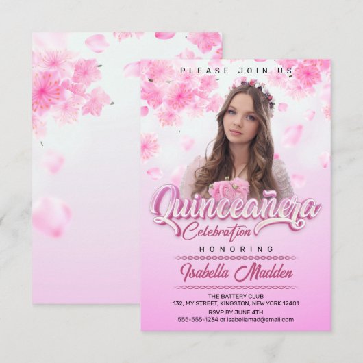 Elegante roze bloemenprinses quinceanera foto kaart (Voorkant / Achterkant)