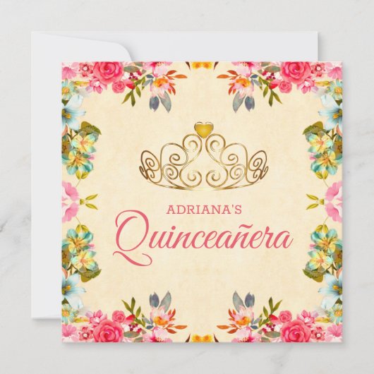 Elegante roze bloemenprinses Quinceanera Kaart (Voorkant)