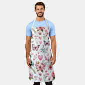 Elegante roze bloemenprint schort (Gedragen)