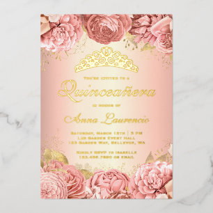 Elegante roze bloemenquinceanera 15e verjaardag folie uitnodiging