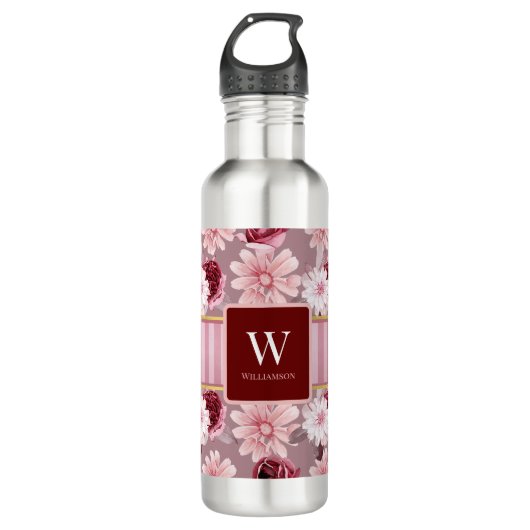 Elegante roze bloemenstreep Monogram Personalisere Waterfles (Voorkant)