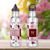 Elegante roze bloemenstreep Monogram Personalisere Waterfles