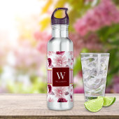 Elegante roze bloemenstreep Monogram Personalisere Waterfles