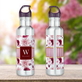 Elegante roze bloemenstreep Monogram Personalisere Waterfles