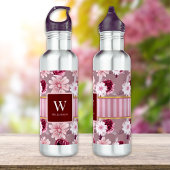 Elegante roze bloemenstreep Monogram Personalisere Waterfles