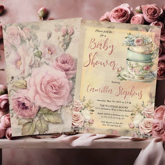 Elegante roze bloementheekoppen Meisje Baby shower Kaart